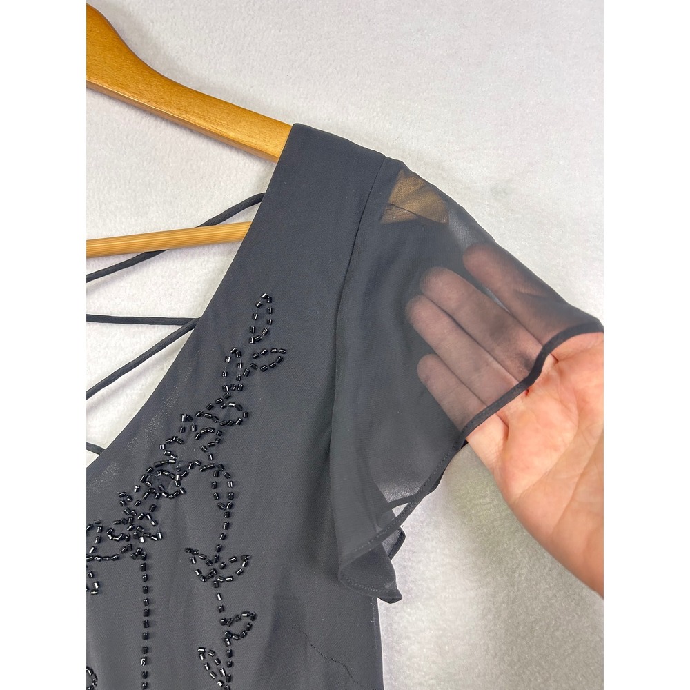 SL Fashions Black Beaded Criss Cross Back Flutter Sleeve Midi Dress Size 10 - Picture 6 of 9